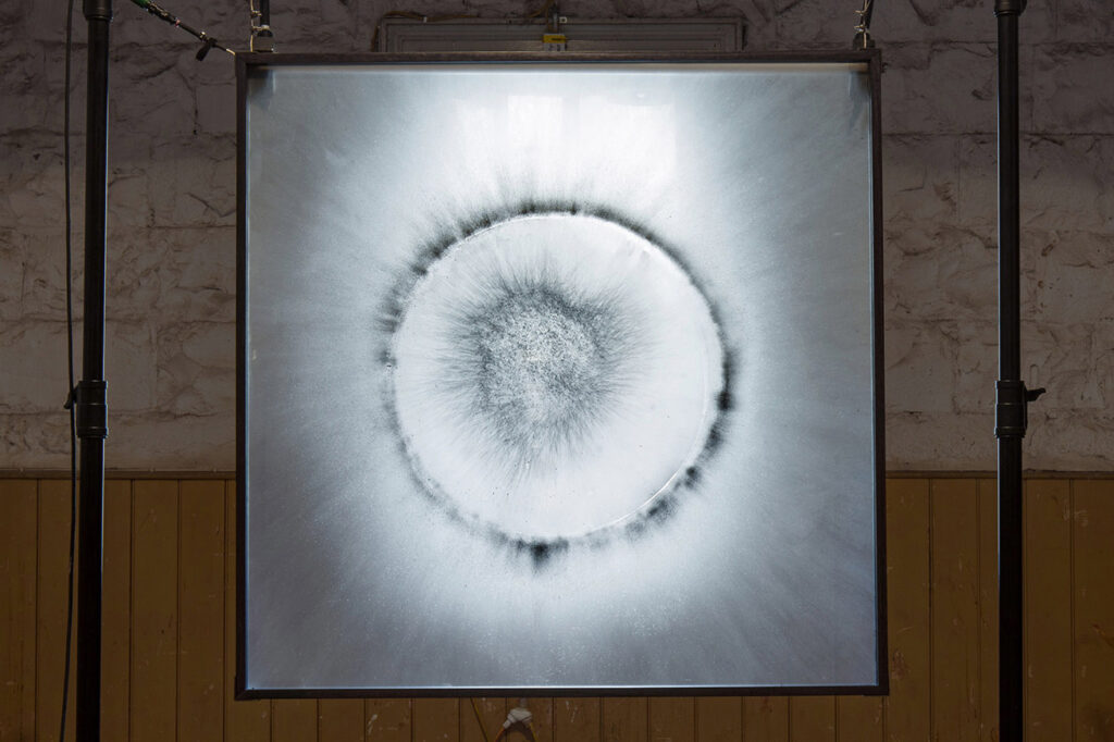 Nicholas Burridge Sitting at the Edge of Eternity 2019 glass gunpowder residue timber steel cabling detail