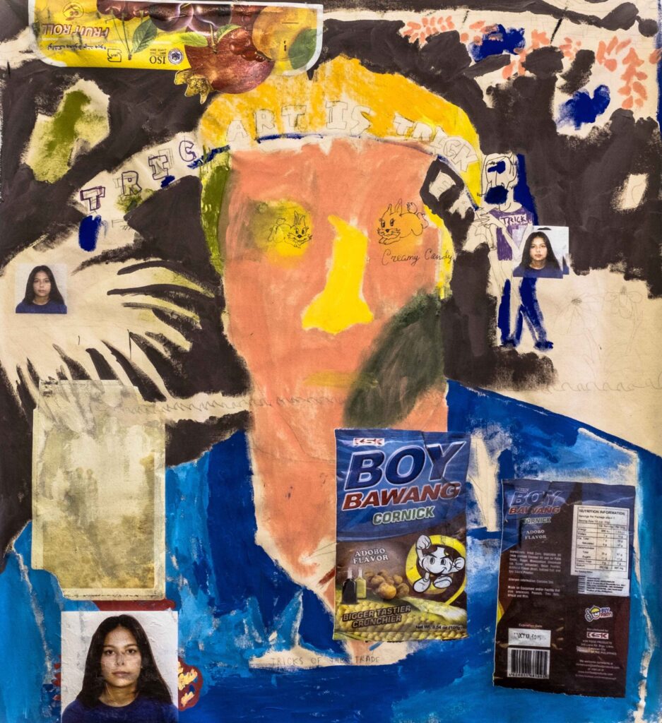 Aida Azin, Pink Head, 2017, mixed media, acrylic and digital print on canvas. Photography by Tyrone Ormsby (crop)